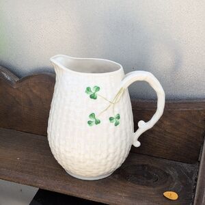 Belleek Every Day White Ceramic Small Pitcher w/Shamrock Accents Basket weave